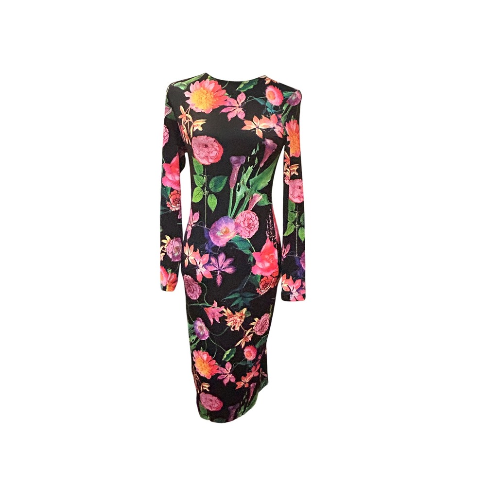 Venus Black Floral Print Long Sleeve Bodycon Dress Party Cocktail XS